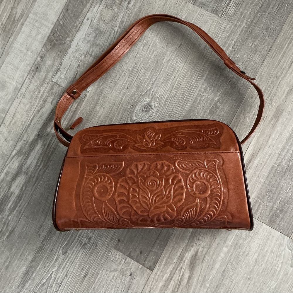 Vintage Tooled Leather Brown Shoulder / Satchel Purse Made In Mexico